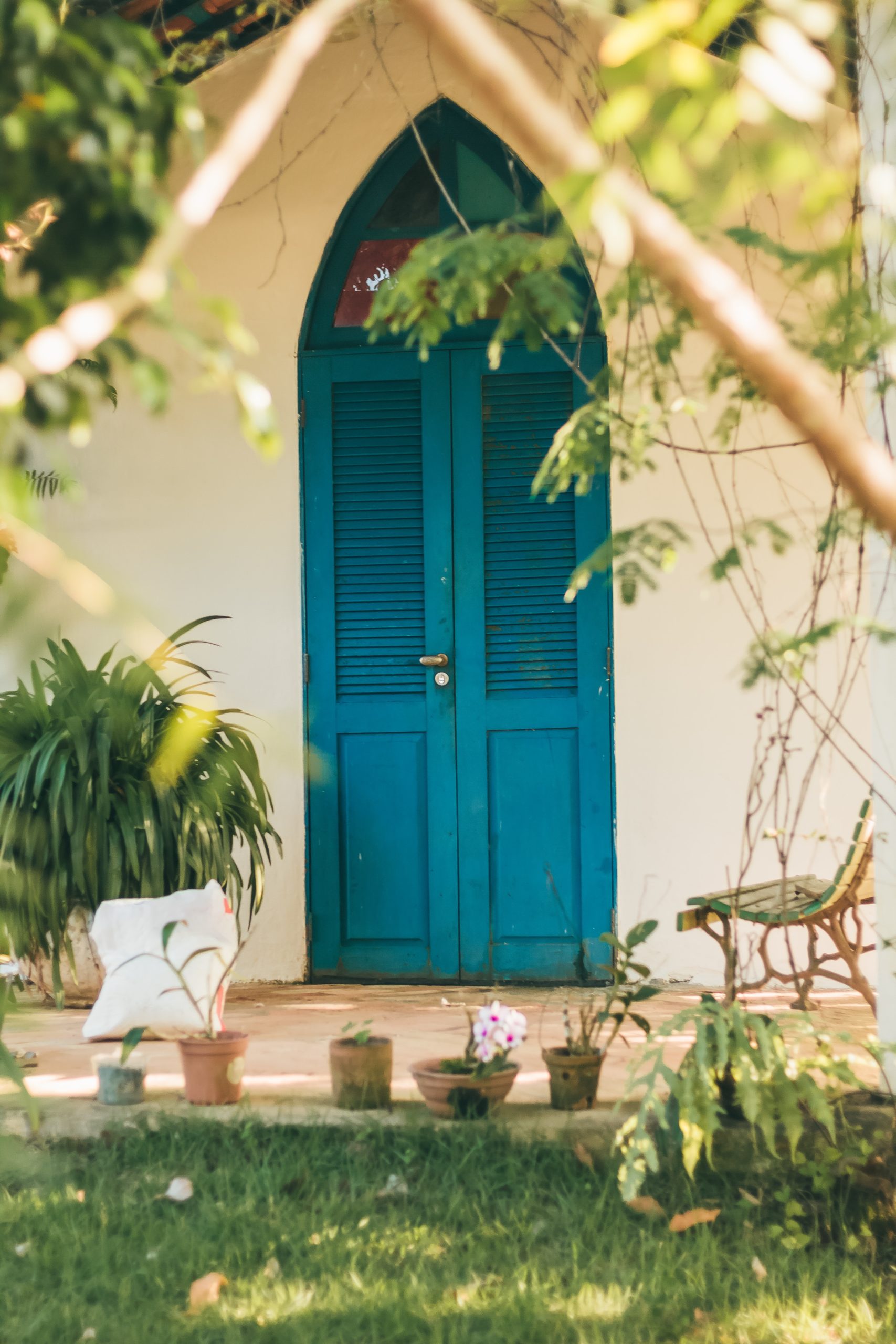 closed blue wooden door